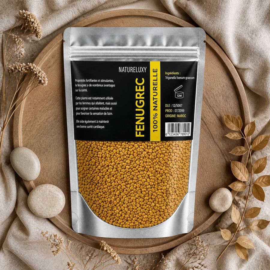 Graine de Fenugrec - 200 g – composition flat lay avec éléments naturels, vue du dessus
