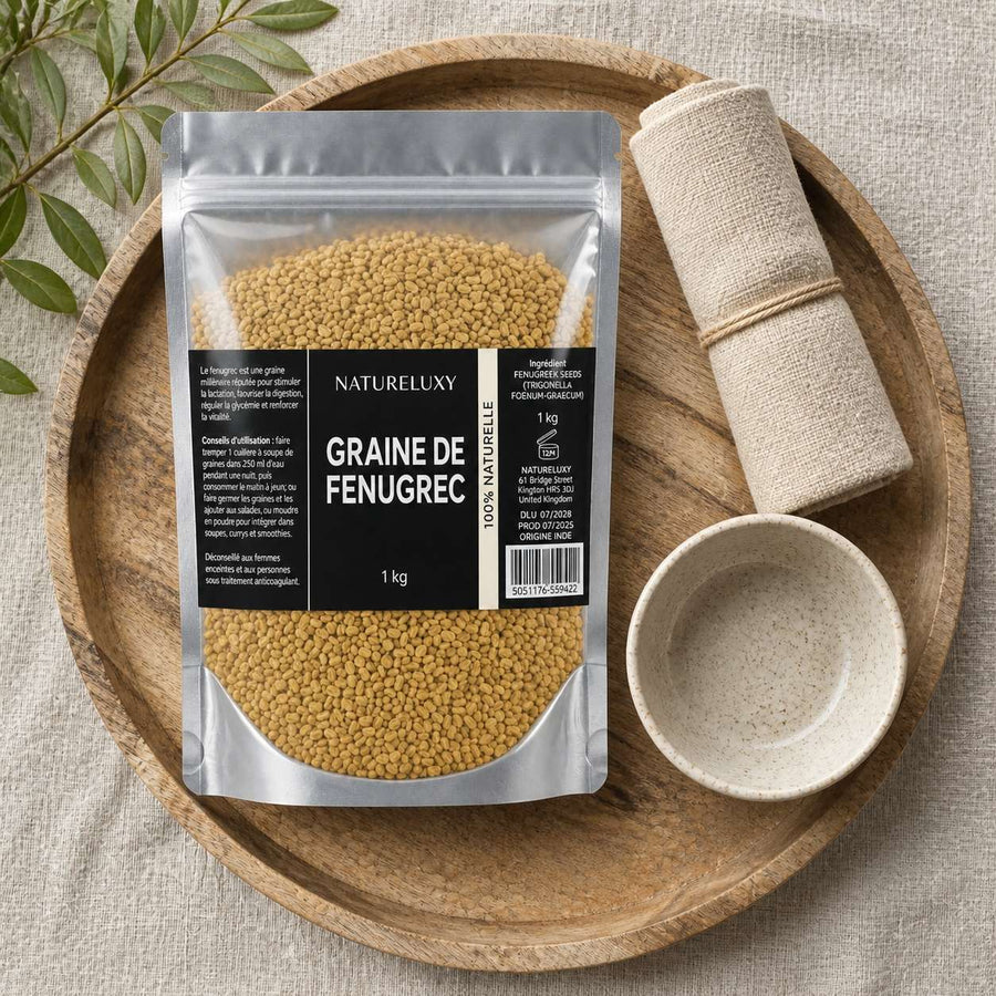 Graine de Fenugrec - 1 kg – rituel d'utilisation vu du dessus, ambiance naturelle zen