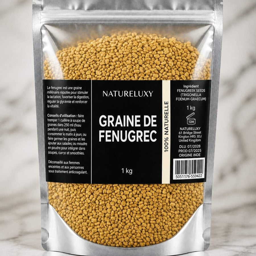 Graine de Fenugrec - 1 kg – gros plan sur les détails et la finition du packaging