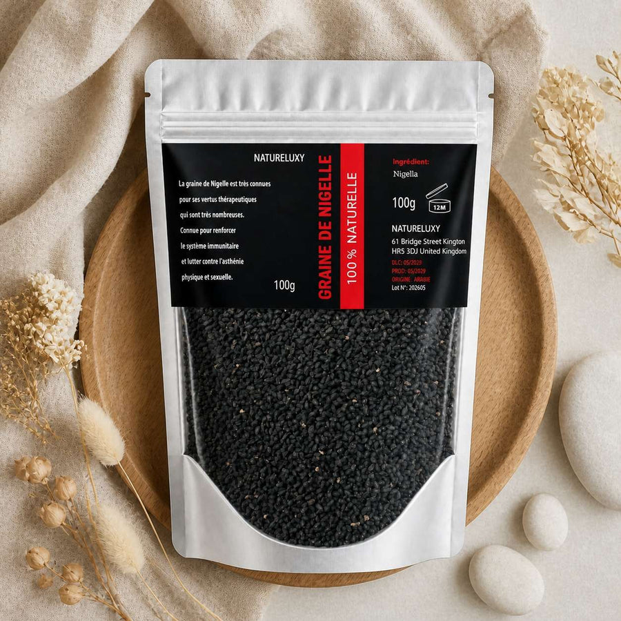 Graines de Nigelle 100g naturelle – composition flat lay avec éléments naturels, vue du dessus