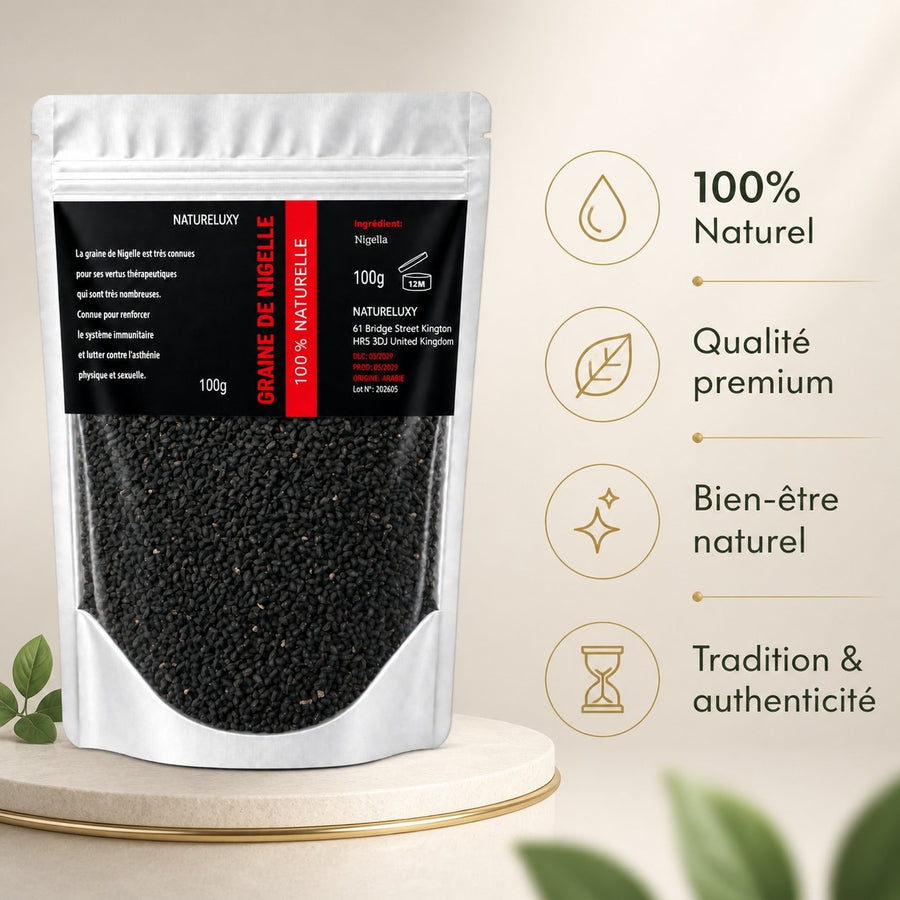 Graines de Nigelle 100g naturelle – infographie des bienfaits et des ingrédients clés