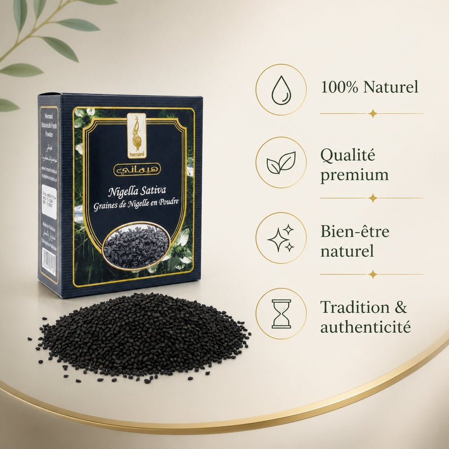 Graines de Nigelle 100g naturelles+Graines de Nigelle en Poudre 200g Naturelle – infographie des bienfaits et des ingrédients clés