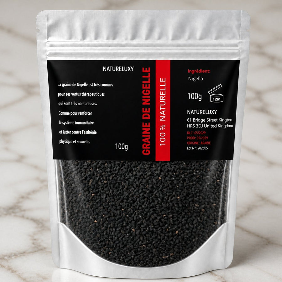 Graines de Nigelle 100g naturelle – gros plan sur les détails et la finition du packaging
