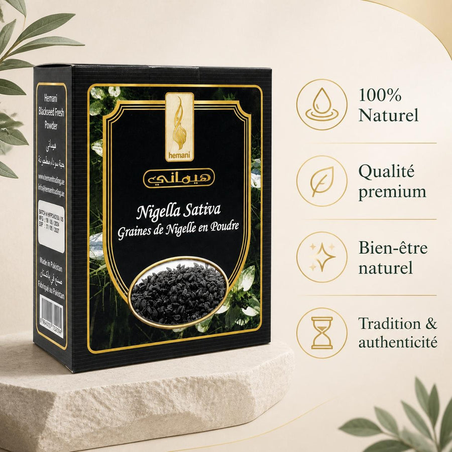 Graines de Nigelle en Poudre 200g Naturelle Hemani – infographie des bienfaits et des ingrédients clés