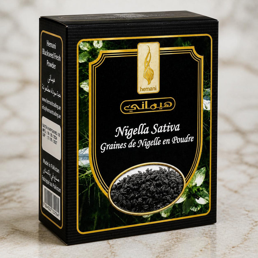 Graines de Nigelle en Poudre 200g Naturelle Hemani – gros plan sur les détails et la finition du packaging