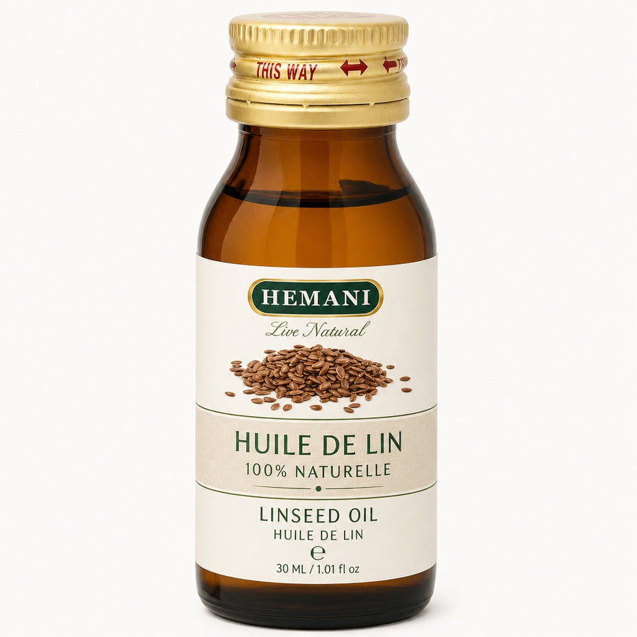 Huile de Lin 30 mL Hemani - vue principale hero sur fond blanc 100% naturelle