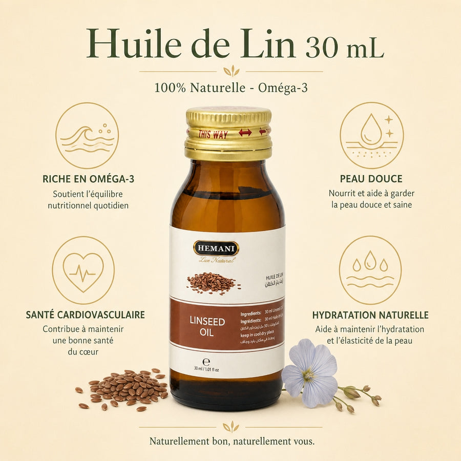 Huile de Lin 30 mL Hemani - infographie des bienfaits en français 100% naturelle