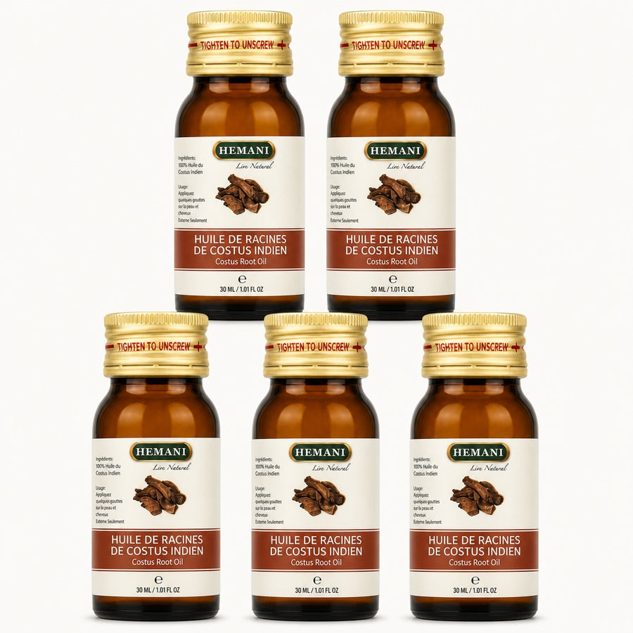 Pack 5 Huiles de Costus Indien 30 mL Hemani -20% - vue principale hero sur fond blanc 100% naturelle