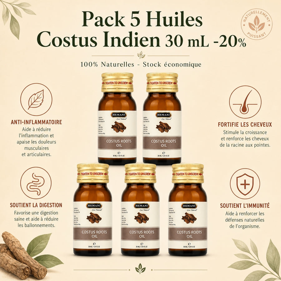 Pack 5 Huiles de Costus Indien 30 mL Hemani -20% - infographie des bienfaits en français 100% naturelle