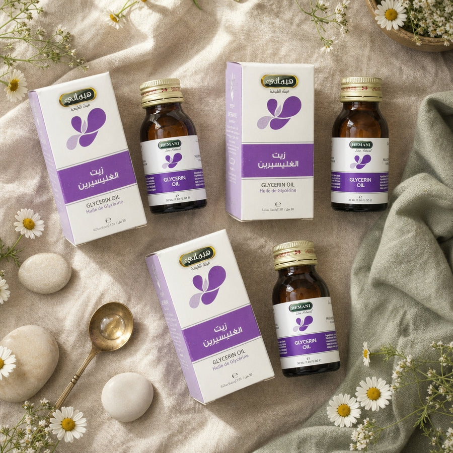 Pack 3 Huiles de Glycérine 30 mL Hemani -10% - ambiance flatlay vue du dessus 100% naturelle