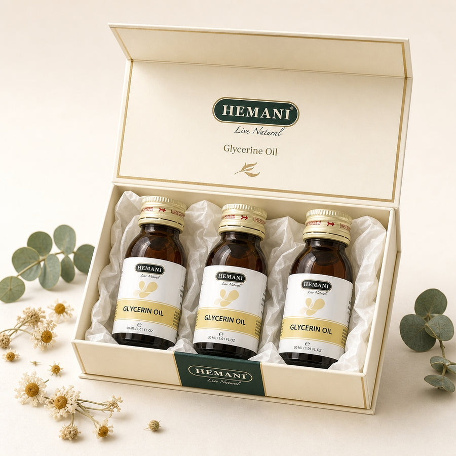 Pack 3 Huiles de Glycérine 30 mL Hemani -10% - coffret packaging pack 3 bouteilles 100% naturelle