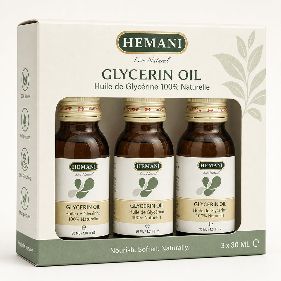 Pack 3 Huiles de Glycérine 30 mL Hemani -10% - vue principale hero sur fond blanc 100% naturelle
