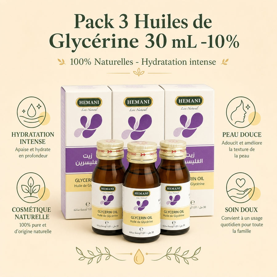 Pack 3 Huiles de Glycérine 30 mL Hemani -10% - infographie des bienfaits en français 100% naturelle