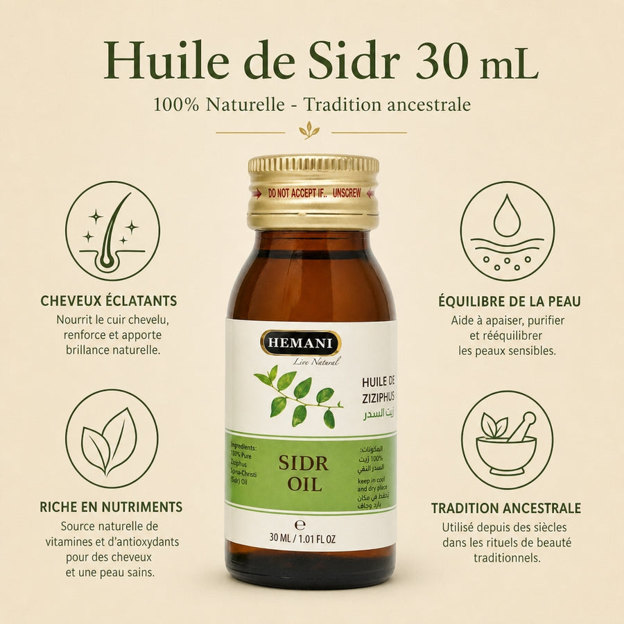 Huile de Sidr 30 mL Hemani - infographie des bienfaits en français 100% naturelle