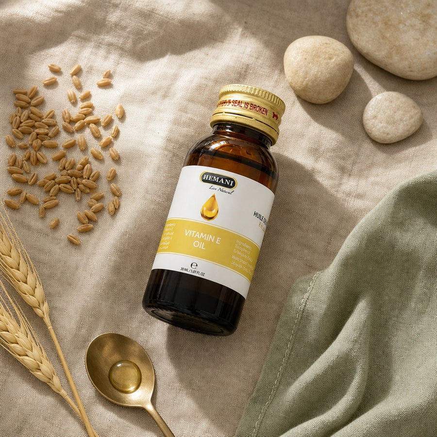 Huile de Vitamine E 30 mL Hemani - ambiance flatlay vue du dessus 100% naturelle