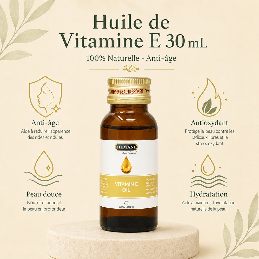 Huile de Vitamine E 30 mL Hemani - infographie des bienfaits en français 100% naturelle