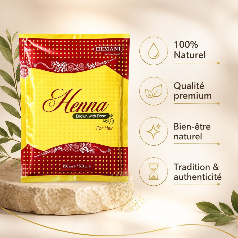 Henné Hemani Marron à la Rose – infographie des bienfaits et des ingrédients clés