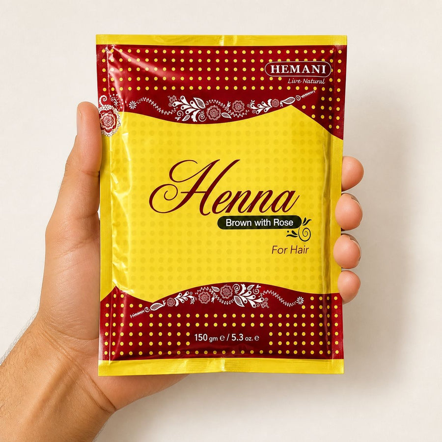 Henné Hemani Marron à la Rose – taille et contenance réelles du produit en main