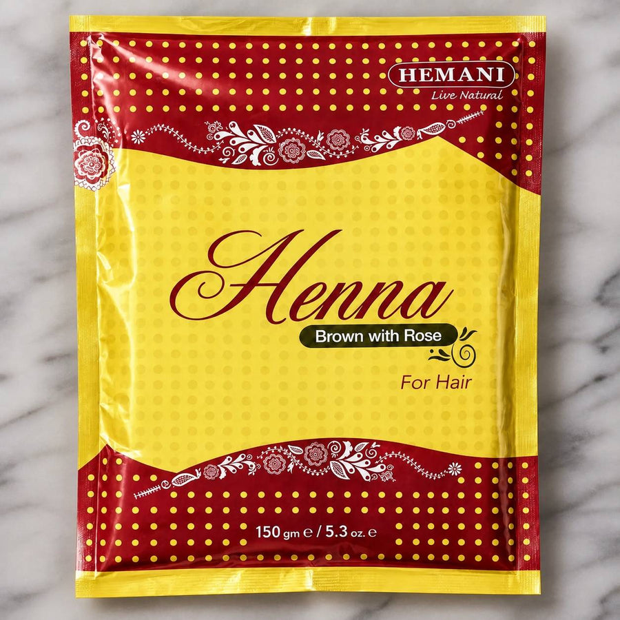 Henné Hemani Marron à la Rose – gros plan sur les détails et la finition du packaging