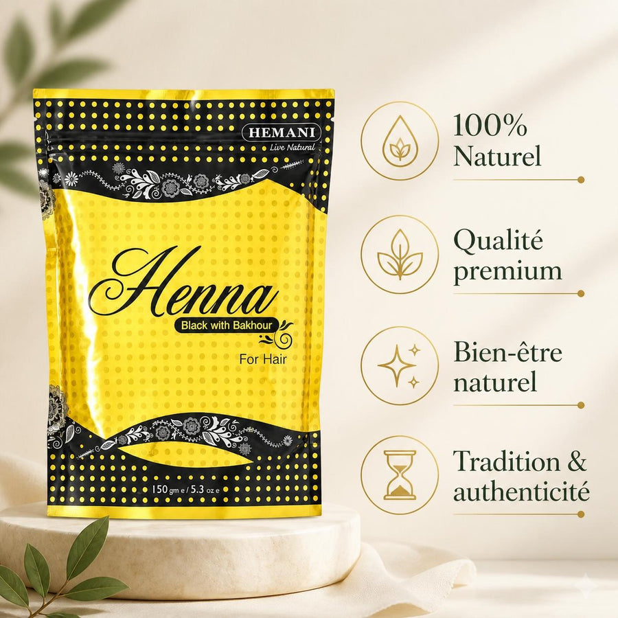 Henné Hemani Noir – infographie des bienfaits et des ingrédients clés