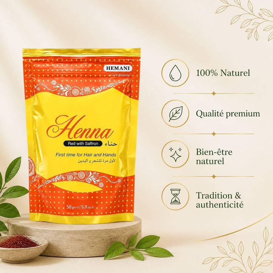 Henné Hemani Rouge et Safran – infographie des bienfaits et des ingrédients clés