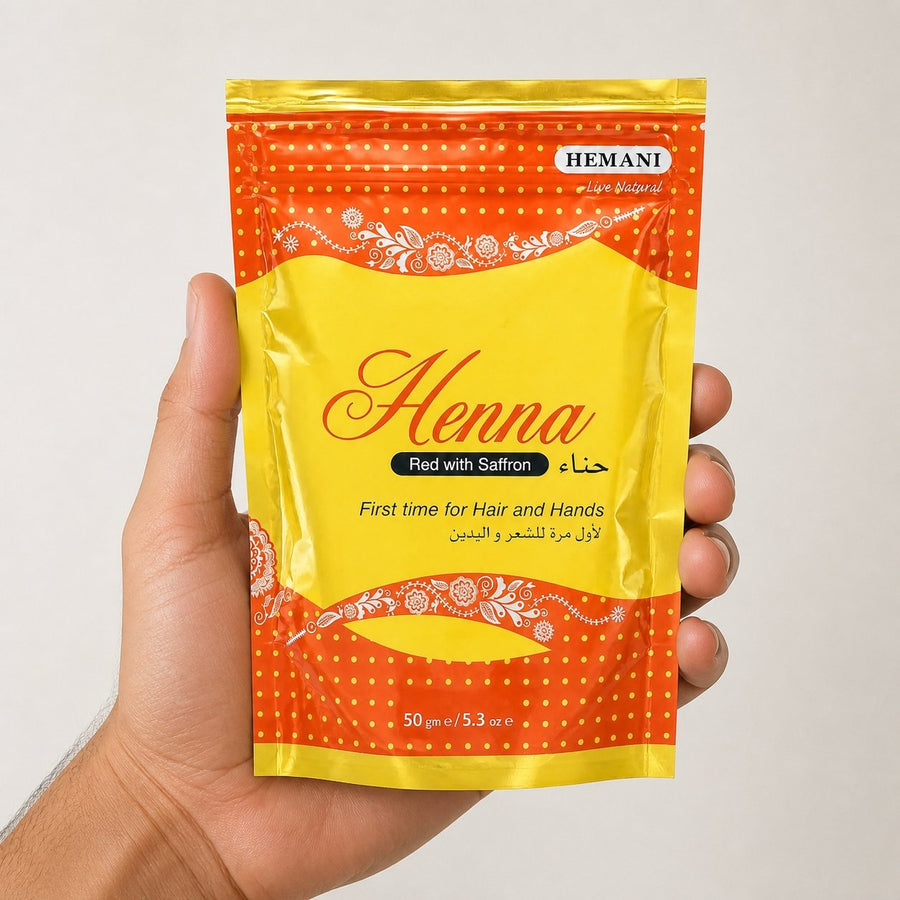 Henné Hemani Rouge et Safran – taille et contenance réelles du produit en main