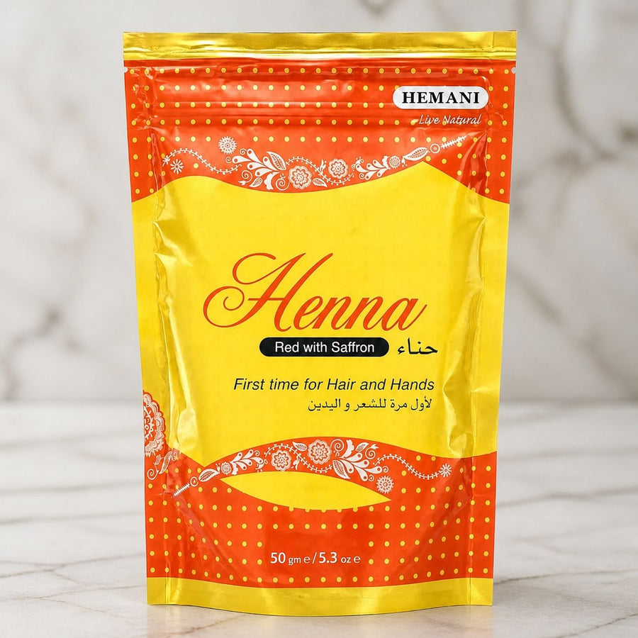 Henné Hemani Rouge et Safran – gros plan sur les détails et la finition du packaging