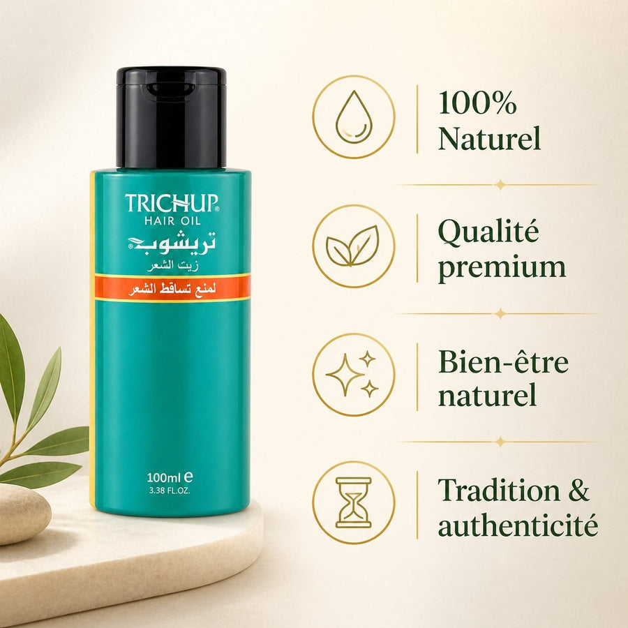 Huile Anti-Chute Soin Indien Trichup - 100mL – infographie des bienfaits et des ingrédients clés