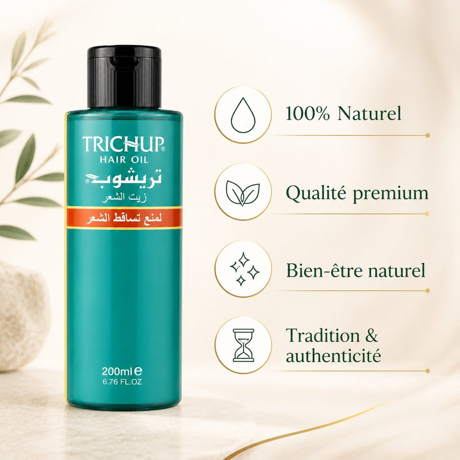 Huile Anti-Chute Soin Indien Trichup 200mL – infographie des bienfaits et des ingrédients clés
