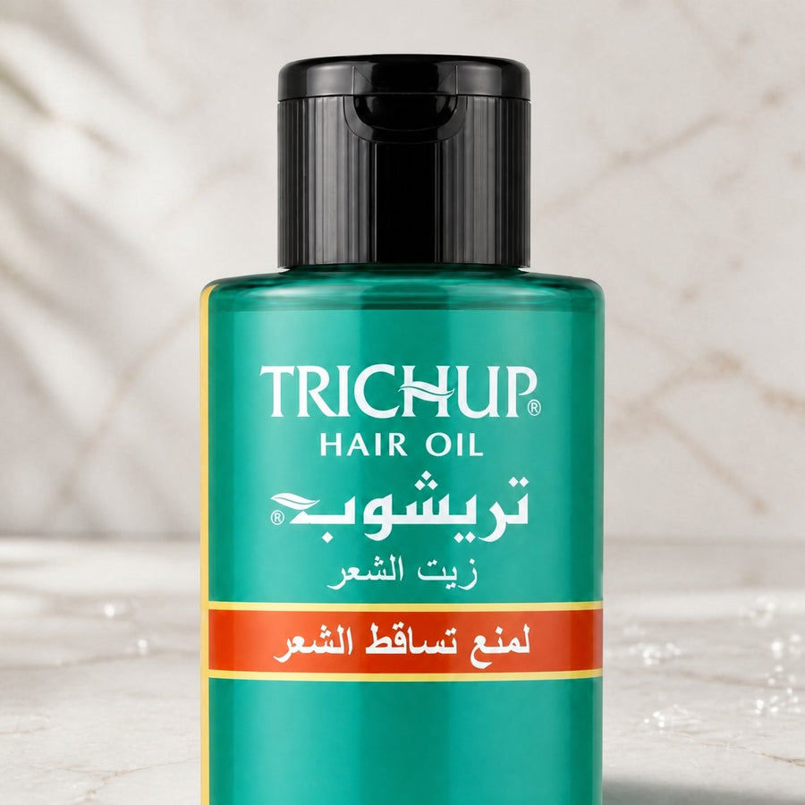 Huile Anti-Chute Soin Indien Trichup 200mL – gros plan sur les détails et la finition du packaging