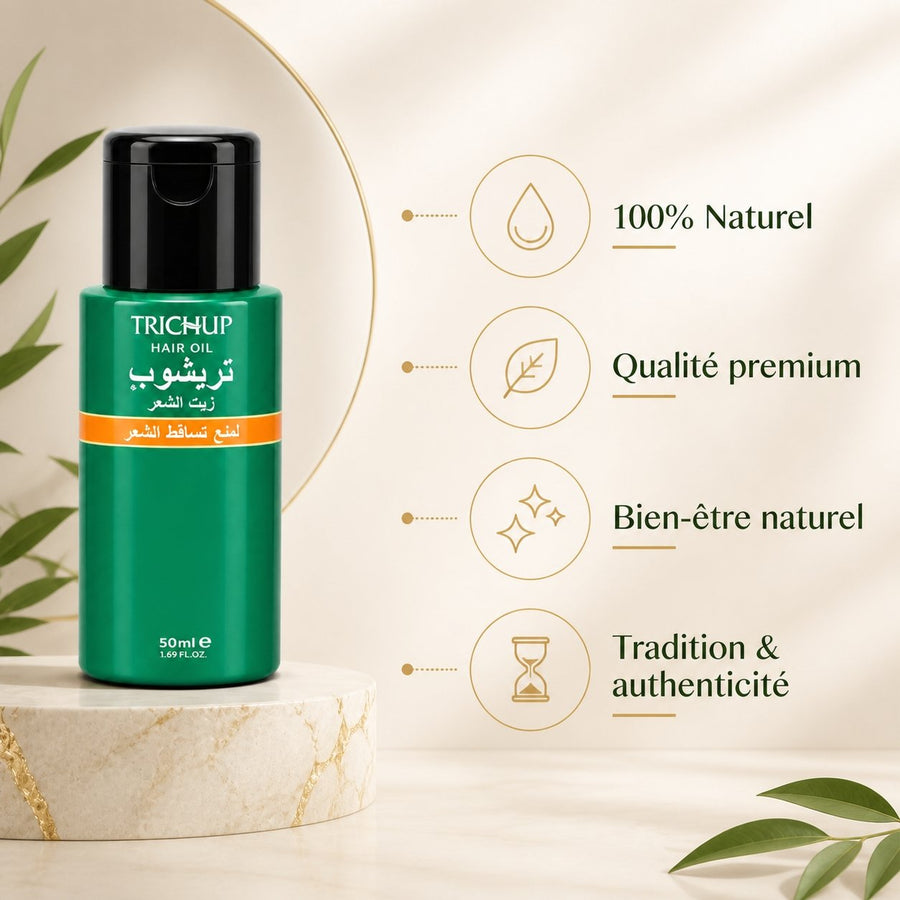 Huile Anti-Chute Soin Indien Trichup 50mL – infographie des bienfaits et des ingrédients clés