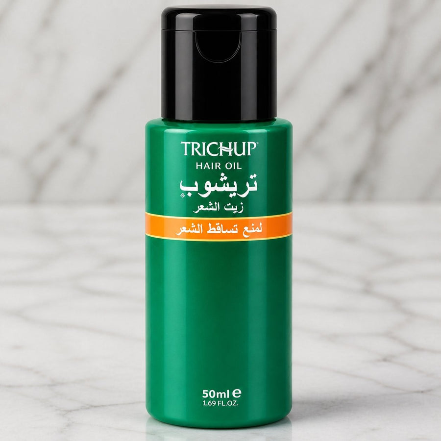 Huile Anti-Chute Soin Indien Trichup 50mL – gros plan sur les détails et la finition du packaging