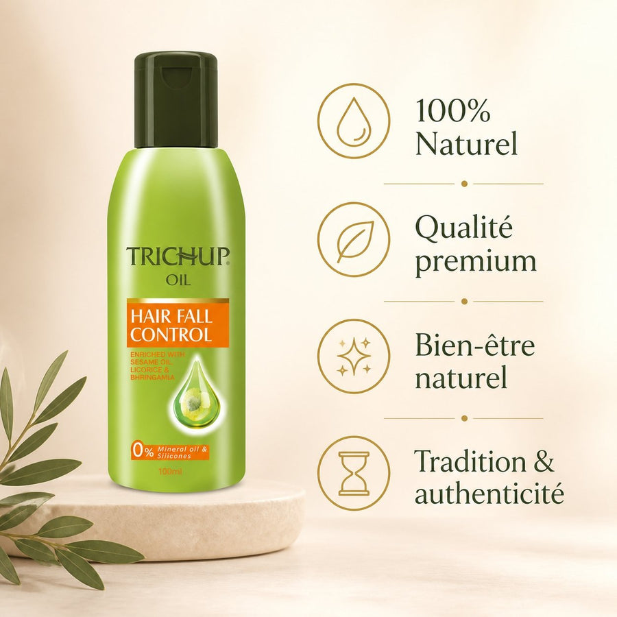 Huile Anti-chute Soin Indien Trichup - 100mL – infographie des bienfaits et des ingrédients clés