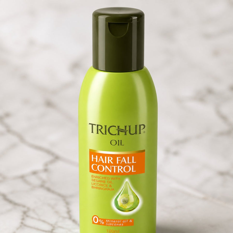 Huile Anti-chute Soin Indien Trichup - 100mL – gros plan sur les détails et la finition du packaging