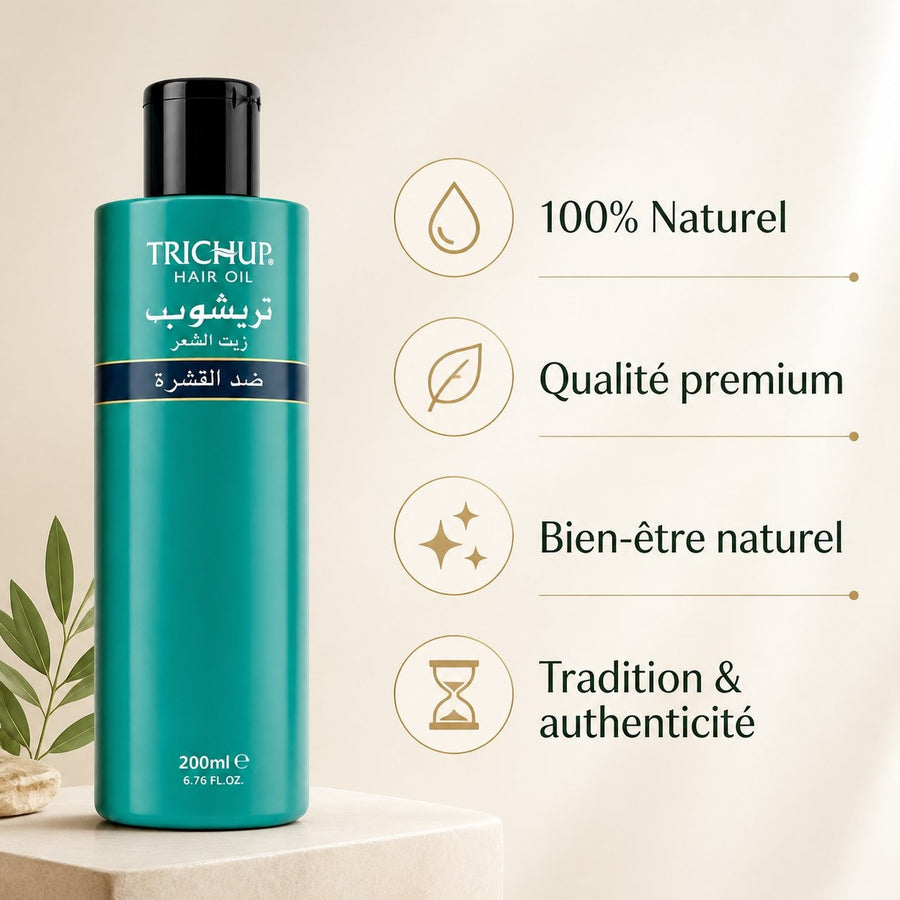 Huile Anti-pelliculaire Soin Indien Trichup 200mL – infographie des bienfaits et des ingrédients clés