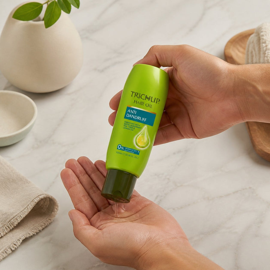 Huile Anti-pelliculaire Trichup 100 mL – application en situation réelle, geste de soin quotidien