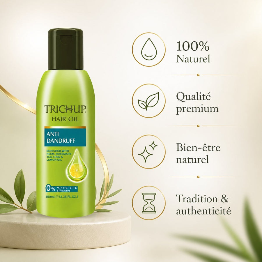 Huile Anti-pelliculaire Trichup 100 mL – infographie des bienfaits et des ingrédients clés