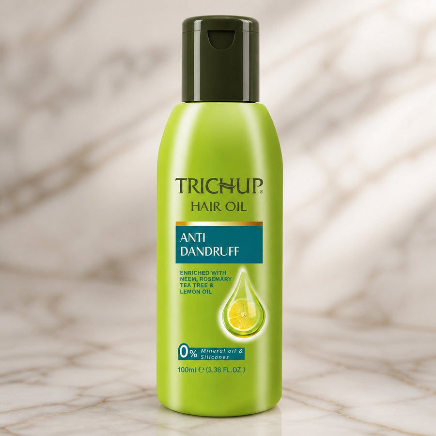 Huile Anti-pelliculaire Trichup 100 mL – gros plan sur les détails et la finition du packaging