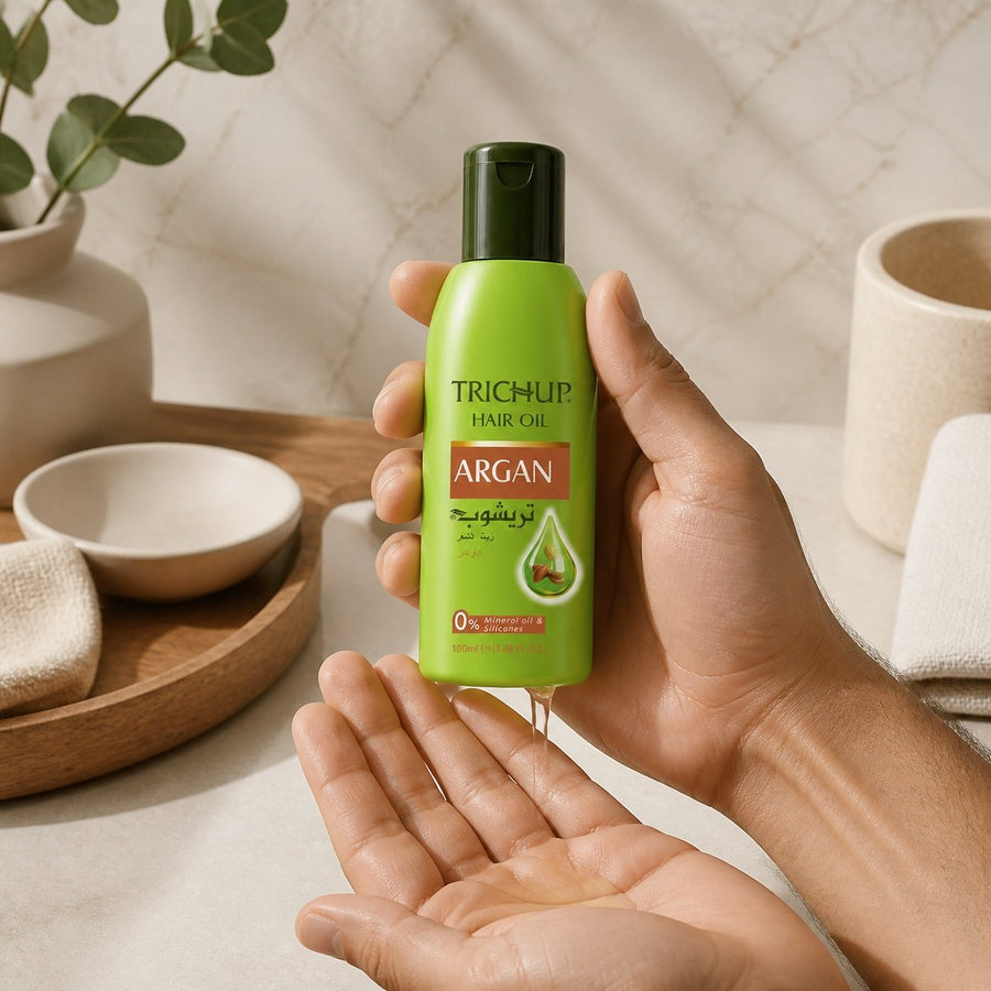 Huile capillaire à l'Argan Trichup - 100mL – application en situation réelle, geste de soin quotidien