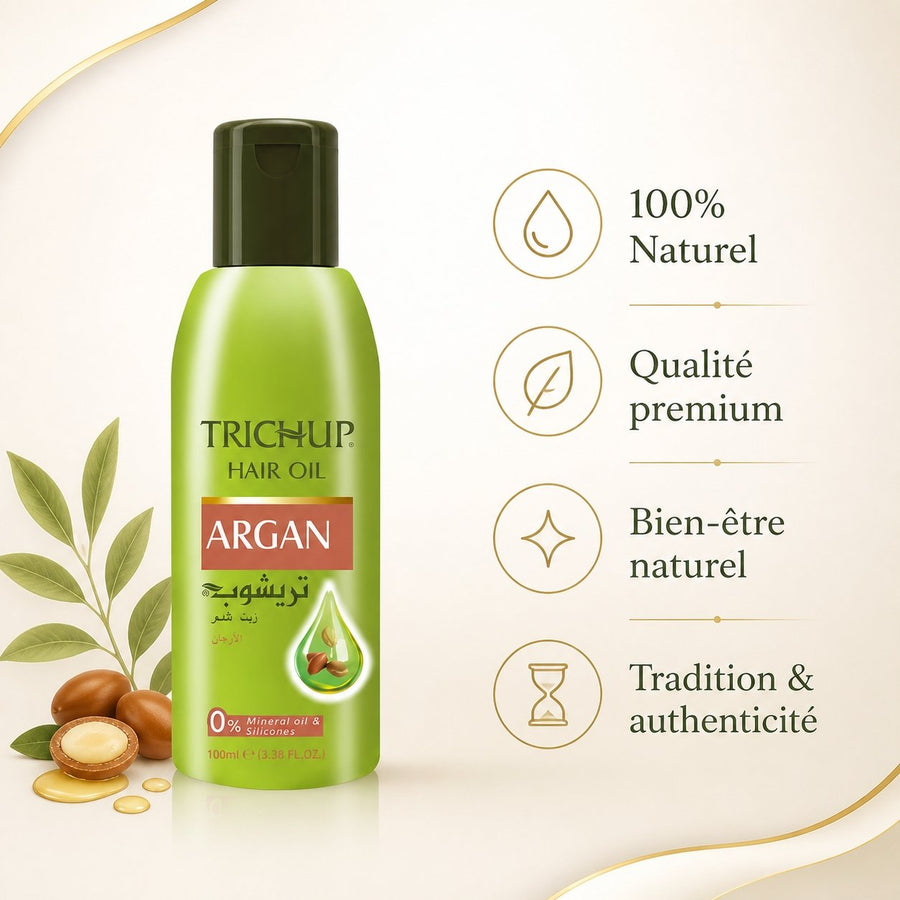Huile capillaire à l'Argan Trichup - 100mL – infographie des bienfaits et des ingrédients clés
