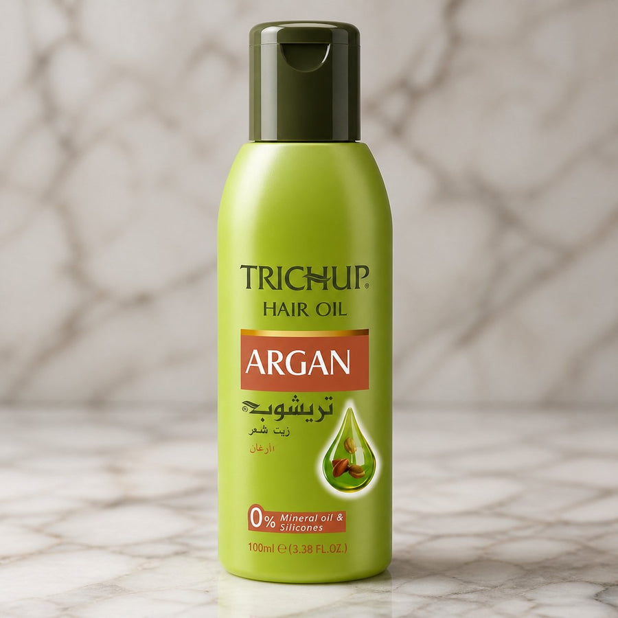 Huile capillaire à l'Argan Trichup - 100mL – gros plan sur les détails et la finition du packaging