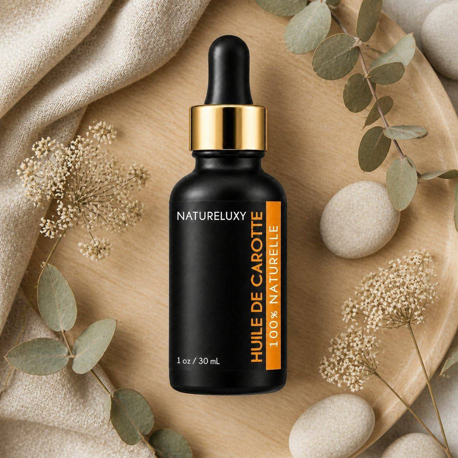 Huile de Carotte 30 mL - flat lay naturel : botaniques, lin et bois