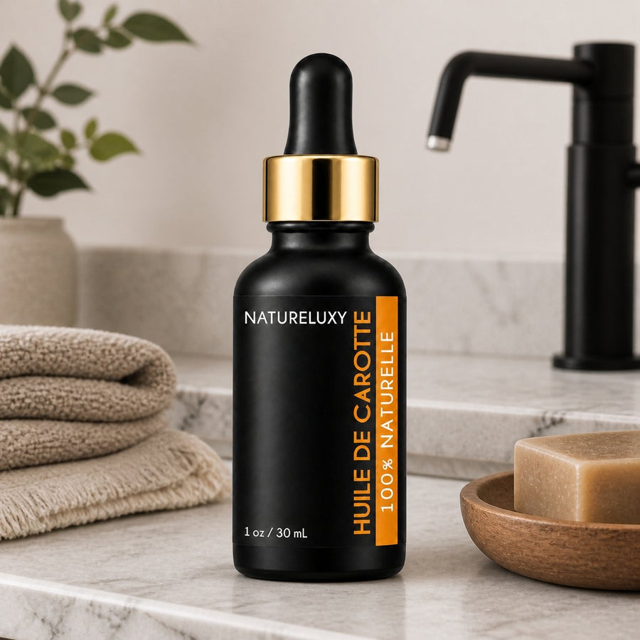 Huile de Carotte 30 mL - sur table de salle de bain en marbre