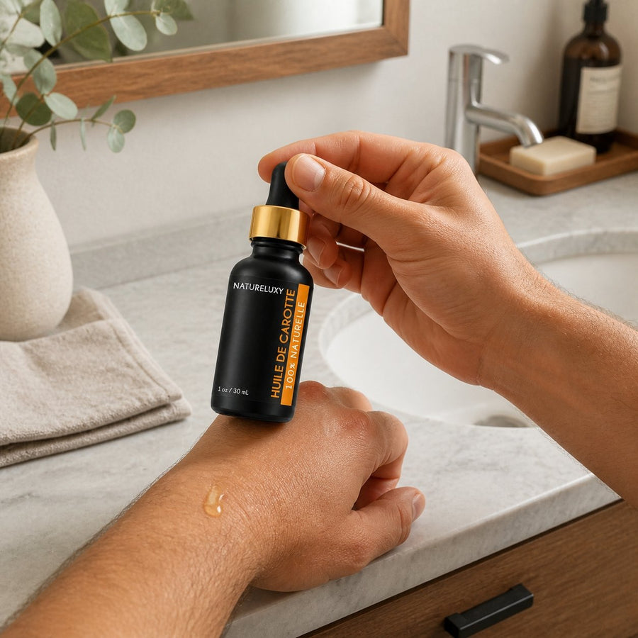 Huile de Carotte 30 mL - application main masculine sur l'avant-bras