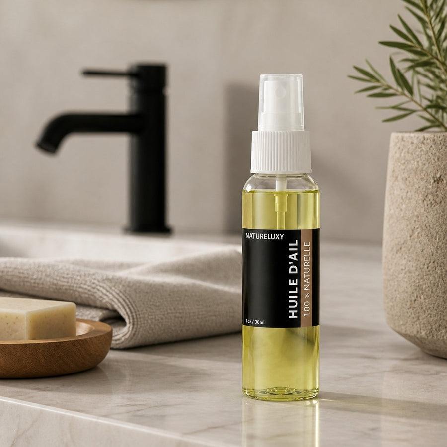 Huile d'Ail 100mL Spray 100% Naturelle – présentation du produit dans une salle de bain lumineuse et naturelle