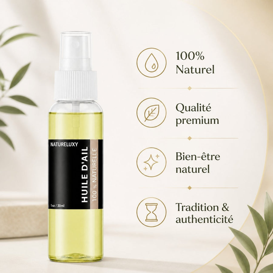 Huile d'Ail 100mL Spray 100% Naturelle – infographie des bienfaits et des ingrédients clés