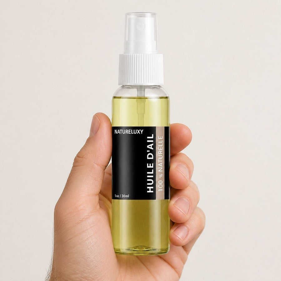Huile d'Ail 100mL Spray 100% Naturelle – taille et contenance réelles du produit en main