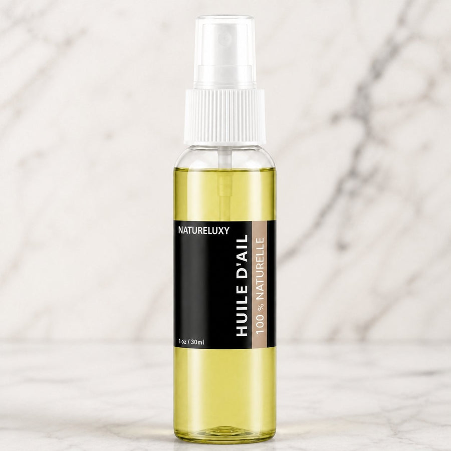 Huile d'Ail 100mL Spray 100% Naturelle – gros plan sur les détails et la finition du packaging