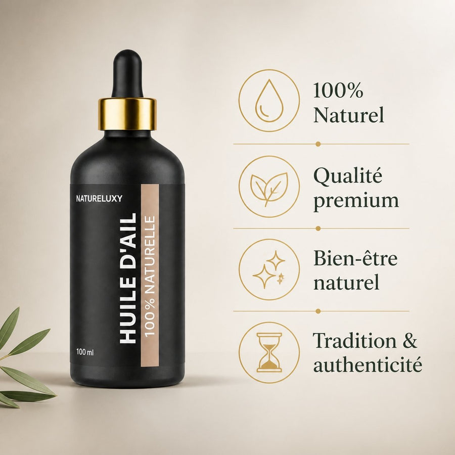 Huile d'Ail 100mL Pipette 100% Naturelle – infographie des bienfaits et des ingrédients clés