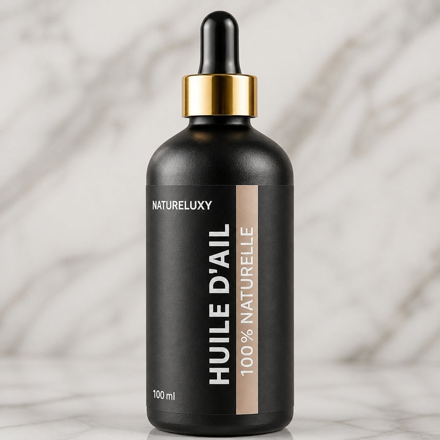 Huile d'Ail 100mL Pipette 100% Naturelle – gros plan sur les détails et la finition du packaging